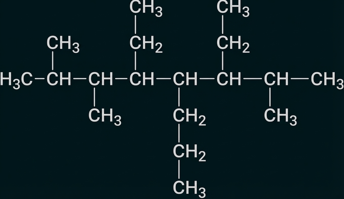 Strukturformel eines verzweigten Alkans mit mehreren Methyl- und Ethyl-Seitenketten